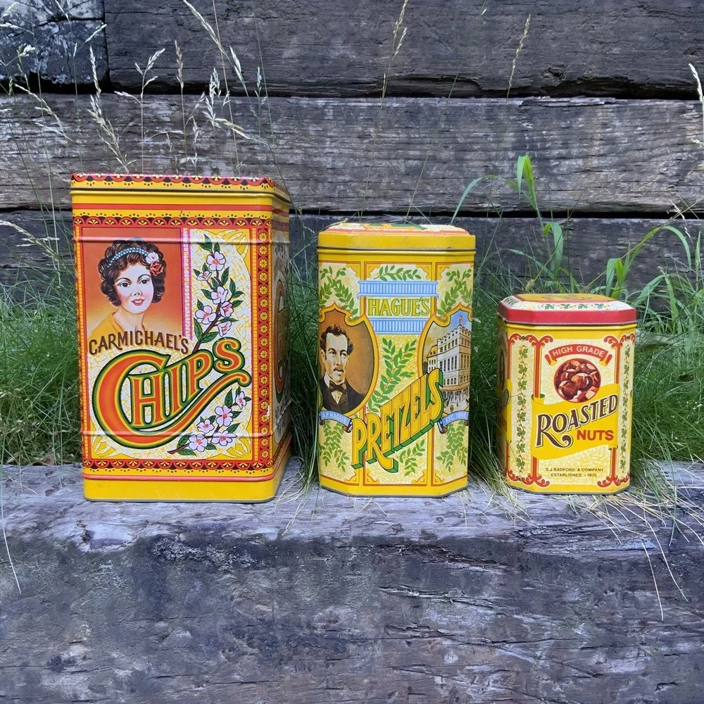 Tin Canister Trio Carmichaels Chips Hague's Pretzels Radfords Nuts England Retro